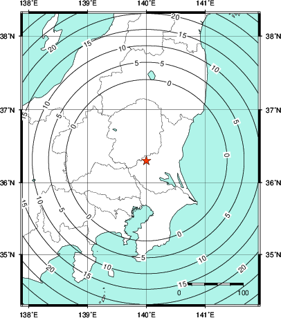 緊急地震速報第1報提供から主要動到達までの時間及び推計震度分布図