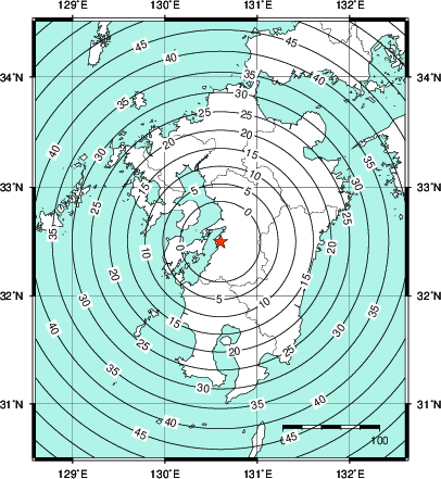 緊急地震速報第1報提供から主要動到達までの時間及び推計震度分布図