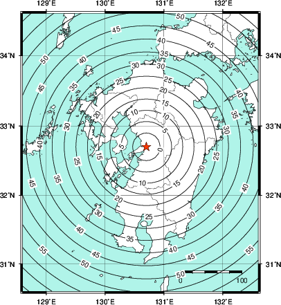 緊急地震速報第1報提供から主要動到達までの時間及び推計震度分布図