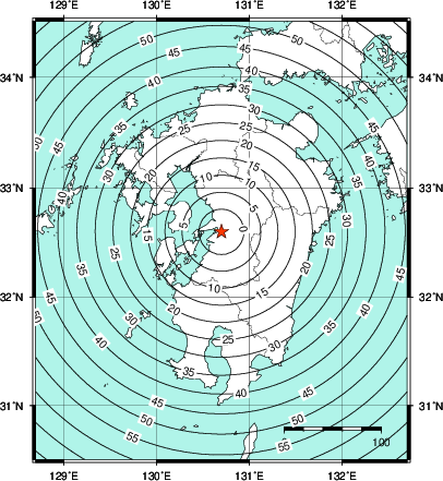 緊急地震速報第1報提供から主要動到達までの時間及び推計震度分布図
