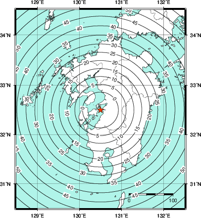 緊急地震速報第1報提供から主要動到達までの時間及び推計震度分布図