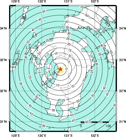 緊急地震速報第1報提供から主要動到達までの時間及び推計震度分布図
