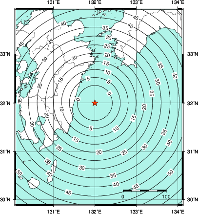 緊急地震速報第1報提供から主要動到達までの時間及び推計震度分布図