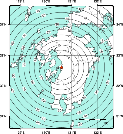 緊急地震速報第1報提供から主要動到達までの時間及び推計震度分布図