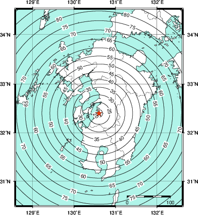 緊急地震速報第1報提供から主要動到達までの時間及び推計震度分布図