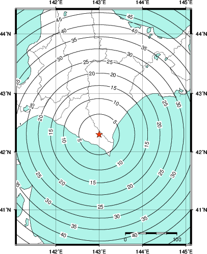 緊急地震速報第1報提供から主要動到達までの時間及び推計震度分布図