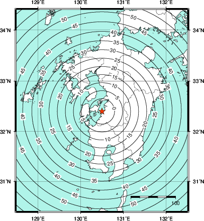 緊急地震速報第1報提供から主要動到達までの時間及び推計震度分布図