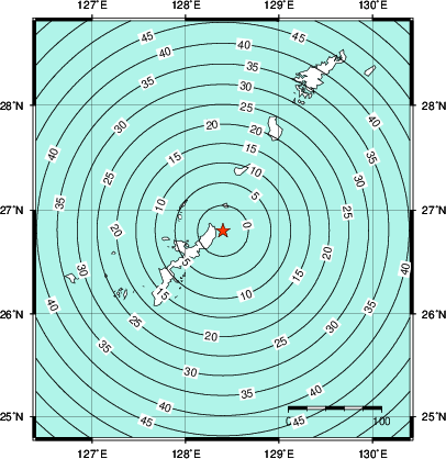 緊急地震速報第1報提供から主要動到達までの時間及び推計震度分布図