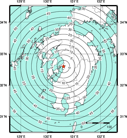 緊急地震速報第1報提供から主要動到達までの時間及び推計震度分布図
