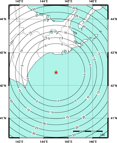 緊急地震速報第1報提供から主要動到達までの時間及び推計震度分布図