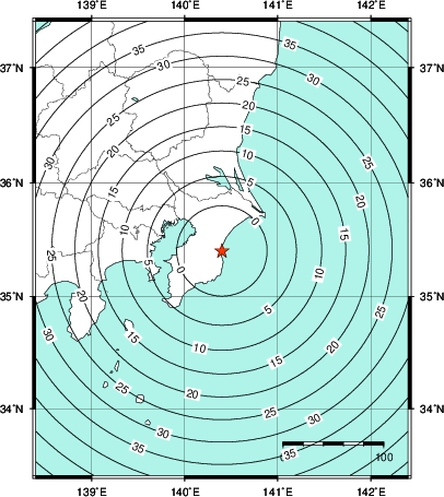 緊急地震速報第1報提供から主要動到達までの時間及び推計震度分布図