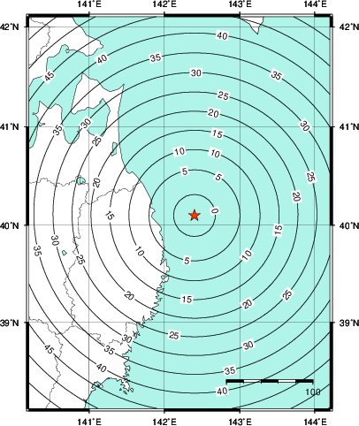 緊急地震速報第1報提供から主要動到達までの時間及び推計震度分布図