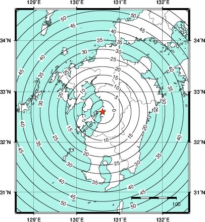 緊急地震速報第1報提供から主要動到達までの時間及び推計震度分布図