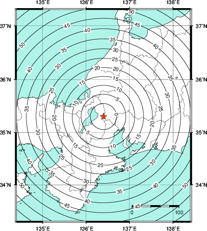 緊急地震速報第1報提供から主要動到達までの時間及び推計震度分布図