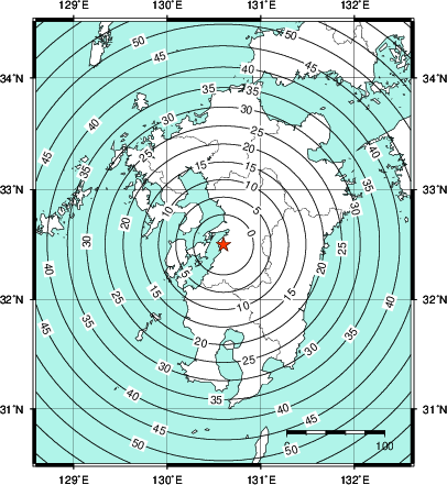 緊急地震速報第1報提供から主要動到達までの時間及び推計震度分布図