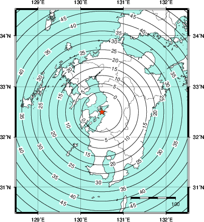 緊急地震速報第1報提供から主要動到達までの時間及び推計震度分布図