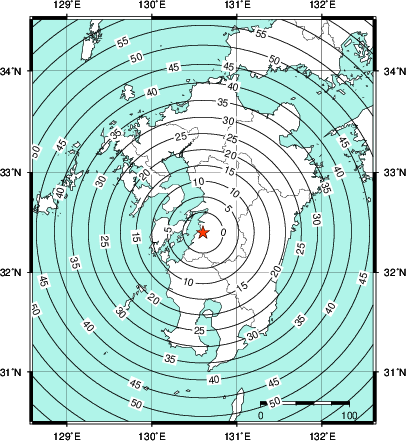緊急地震速報第1報提供から主要動到達までの時間及び推計震度分布図