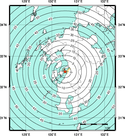 緊急地震速報第1報提供から主要動到達までの時間及び推計震度分布図
