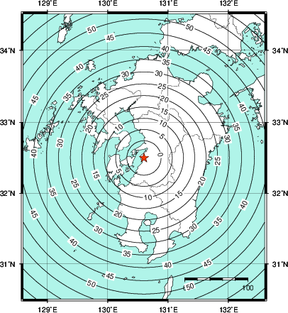 緊急地震速報第1報提供から主要動到達までの時間及び推計震度分布図