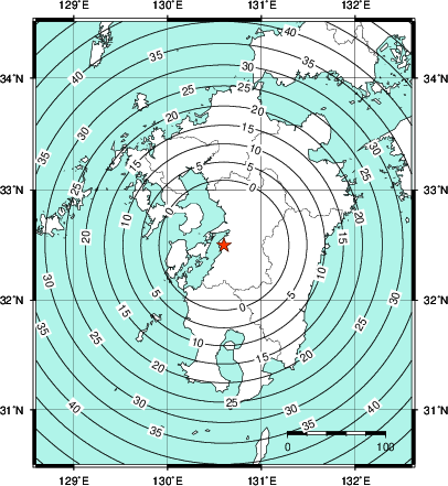 緊急地震速報第1報提供から主要動到達までの時間及び推計震度分布図