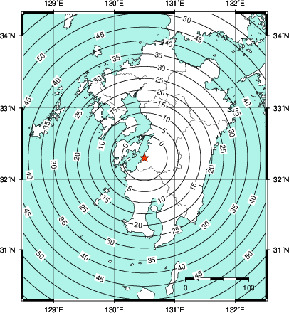 緊急地震速報第1報提供から主要動到達までの時間及び推計震度分布図