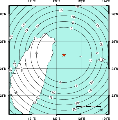 緊急地震速報第1報提供から主要動到達までの時間及び推計震度分布図
