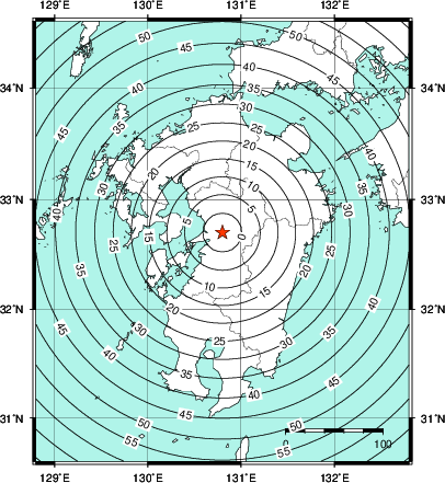 緊急地震速報第1報提供から主要動到達までの時間及び推計震度分布図