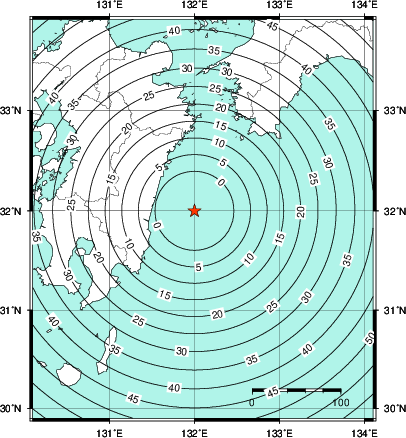 緊急地震速報第1報提供から主要動到達までの時間及び推計震度分布図