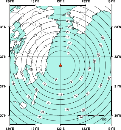 緊急地震速報第1報提供から主要動到達までの時間及び推計震度分布図
