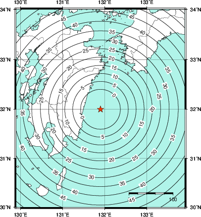 緊急地震速報第1報提供から主要動到達までの時間及び推計震度分布図