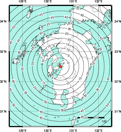 緊急地震速報第1報提供から主要動到達までの時間及び推計震度分布図