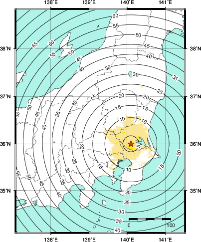 緊急地震速報第1報提供から主要動到達までの時間及び推計震度分布図