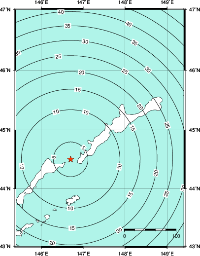 緊急地震速報第1報提供から主要動到達までの時間及び推計震度分布図