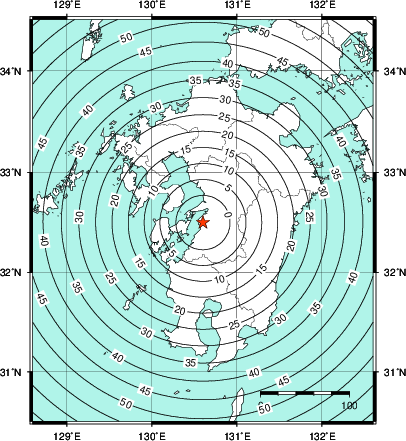 緊急地震速報第1報提供から主要動到達までの時間及び推計震度分布図