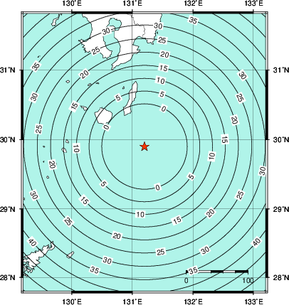 緊急地震速報第1報提供から主要動到達までの時間及び推計震度分布図