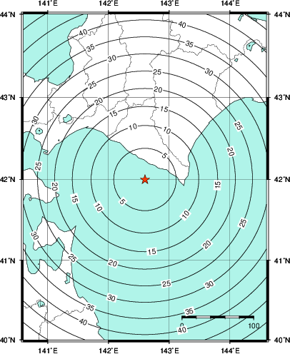緊急地震速報第1報提供から主要動到達までの時間及び推計震度分布図