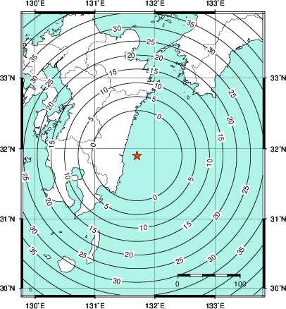 緊急地震速報第1報提供から主要動到達までの時間及び推計震度分布図