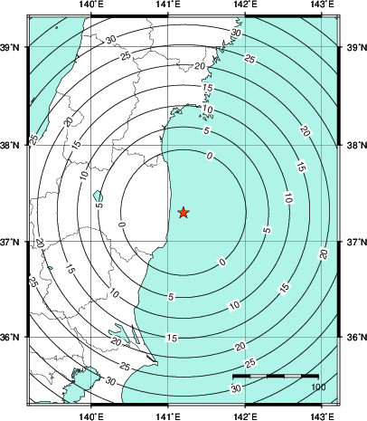 緊急地震速報第1報提供から主要動到達までの時間及び推計震度分布図