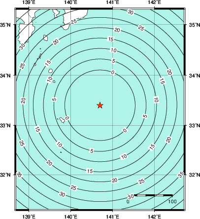 緊急地震速報第1報提供から主要動到達までの時間及び推計震度分布図