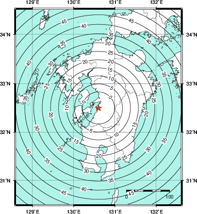 緊急地震速報第1報提供から主要動到達までの時間及び推計震度分布図