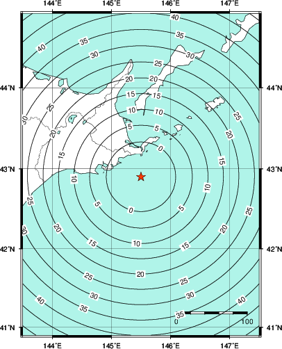 緊急地震速報第1報提供から主要動到達までの時間及び推計震度分布図