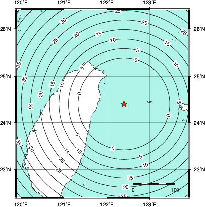 緊急地震速報第1報提供から主要動到達までの時間及び推計震度分布図