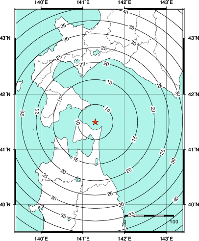 緊急地震速報第1報提供から主要動到達までの時間及び推計震度分布図