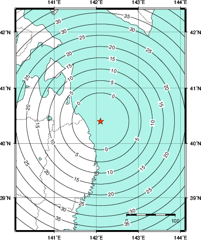 緊急地震速報第1報提供から主要動到達までの時間及び推計震度分布図