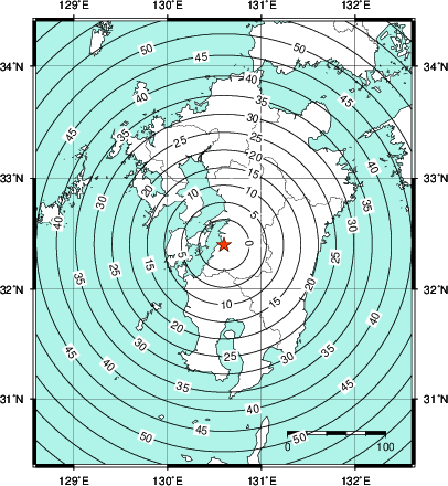 緊急地震速報第1報提供から主要動到達までの時間及び推計震度分布図