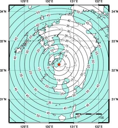 緊急地震速報第1報提供から主要動到達までの時間及び推計震度分布図