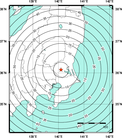 緊急地震速報第1報提供から主要動到達までの時間及び推計震度分布図