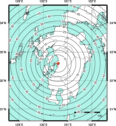 緊急地震速報第1報提供から主要動到達までの時間及び推計震度分布図