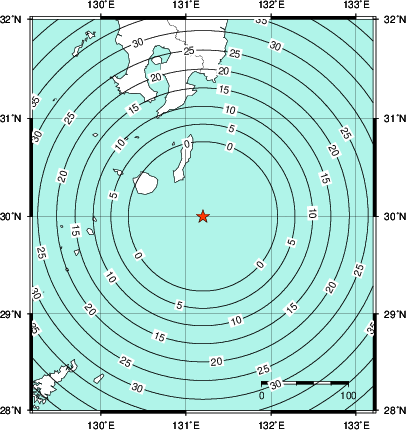 緊急地震速報第1報提供から主要動到達までの時間及び推計震度分布図