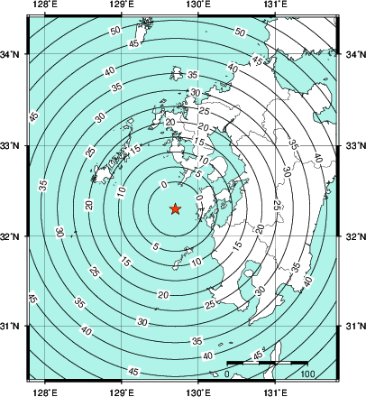 緊急地震速報第1報提供から主要動到達までの時間及び推計震度分布図